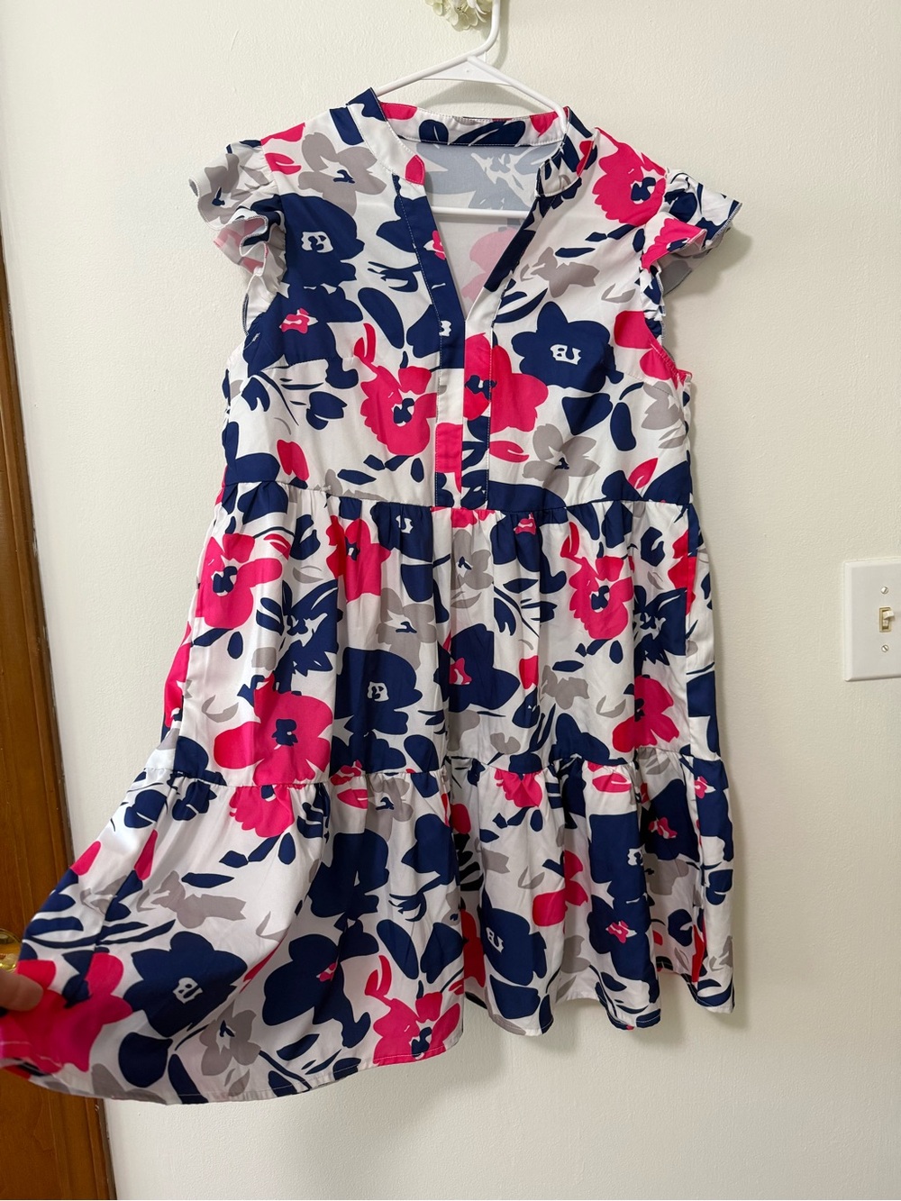 Women White Floral Tiered Dress with Pink and Navy Accents
